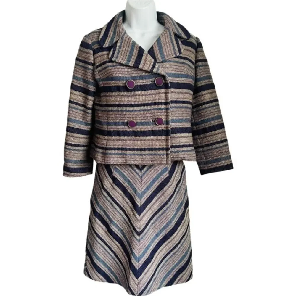 Vintage Purple Blue Tan Striped Tweed Skirt Suit Japanese 90s 6 Cynsia Command